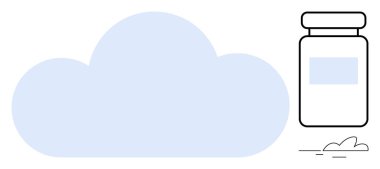 Cloud shape beside medicine bottle conveys integration of health data storage and modern medicine management. Ideal for healthcare, pharmaceuticals, technology, digital health, innovation, cloud
