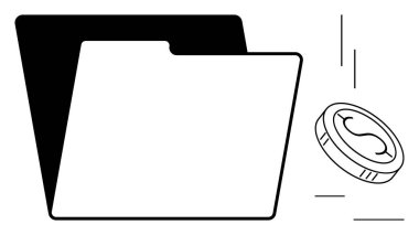 Open folder with overlapping sections beside a coin illustration. Ideal for finance, savings, organization, data storage, documentation, business management, digital filing. Simple flat metaphor