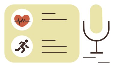 Heartbeat and fitness tracking data on panel beside microphone outline for voice control. Ideal for health tech, fitness apps, smart devices, monitoring, data visualization, healthcare, minimalist