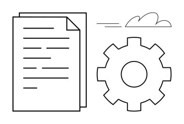 Gear next to documents symbolizing automation, workflow, or collaboration. Ideal for productivity, innovation, cloud technology, operations, project management, optimization simple flat metaphor