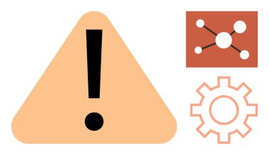Exclamation mark in a triangle, gear, and network nodes implying caution, system error, or connectivity issues. Ideal for alerts, warnings, technology, system monitoring troubleshooting risk