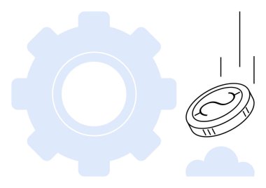Large gear adjacent to a falling coin and cloud, symbolizing financial systems, process automation, and operational improvements. Ideal for technological growth, innovation, and economy. Simple flat