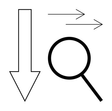 Downward arrow, magnifying glass, and two directional arrows represent analysis, focus, movement, or decision-making. Ideal for data analysis, search, evaluation strategy navigation inquiry