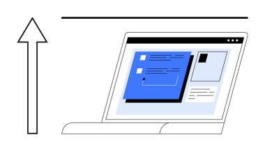 Laptop screen displays structured content layout with upward arrow, signifying growth, development, innovation, user interface. Ideal for technology, business growth, communication, data analysis