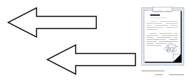 Two bold arrows pointing opposite directions next to signed document on clipboard symbolizing agreement, data sharing, feedback exchange, communication, collaboration, negotiation, business process
