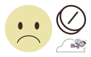 Sad face communicates displeasure, crossed-out symbol represents restriction, camera in cloud suggests monitoring or surveillance. Ideal for privacy, dissatisfaction, cyber security, restriction