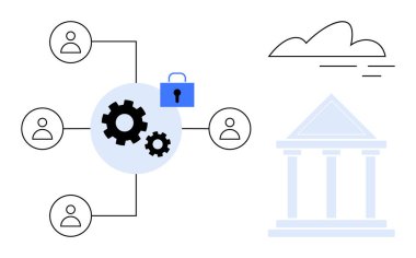 Connected users represented in a hub-and-spoke model with gears, lock for security, and a classical institution building. Ideal for teamwork, safety, data processing, governance, digital trust