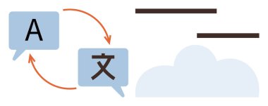 Two speech bubbles with arrows showing language translation concept, supported by a minimal cloud suggesting digital tools. Ideal for communication, translation, accessibility, technology, education
