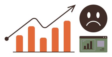 Bar chart with upward trend, sad face, and analytics dashboard highlights challenges in progress or data performance. Ideal for financial difficulty, business risk, loss assessment, data analysis
