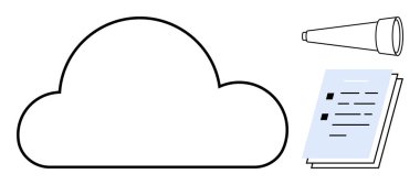 Cloud outline, stack of documents, and magnifier highlighting storage, data organization, and searching. Ideal for technology, file management, remote work, cloud computing research online