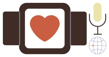 Smartwatch with heart icon, microphone for voice control, globe for connectivity. Ideal for health tracking, technology, fitness, global communication, innovation, wearable tech simple flat metaphor