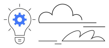 Light bulb with gear suggests innovation, paired with a clean cloud outline and swirling lines. Ideal for technology, creativity, thought, process, digital transformation, environment