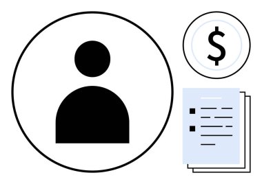 Black user profile icon in large circle beside stacked documents and dollar sign, representing concepts thumbs up employment, payroll, human resources, financial management, personal information