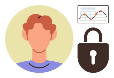 Faceless profile with lock and chart highlights data protection, secure access, and analytics. Ideal for cybersecurity, privacy, tech, identity, monitoring, web security simple flat metaphor