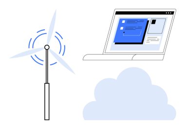Wind turbine, laptop with user interface screen, and cloud connected by clean energy and digital data themes. Ideal for renewable energy, innovation, cloud storage, analytics, sustainability, clean