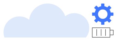Large cloud shape alongside a blue gear and battery icon highlight technology, energy, and efficiency. Ideal for cloud storage, digital solutions, energy conservation, automation, IT infrastructure