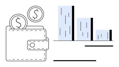 Wallet with coins next to vertical bar chart. Ideal for finance, savings, income growth, budgeting, investments, financial planning, and economic analysis. Simple flat metaphor