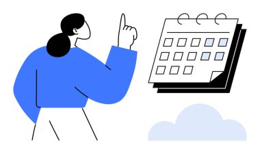 Woman in blue gesture toward calendar with highlighted days and cloud accent. Ideal for schedule, appointment, time management, planning, organization, deadline, productivity themes. Simple flat