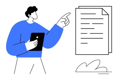 Person holding tablet points at document pages with highlighted text and signs. Ideal for management, presentation, teamwork, communication, analysis, planning, education. Modern flat style metaphor