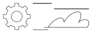 Gear symbol next to a cloud with dynamic motion lines. Ideal for innovation, technology, speed, progress, cloud computing, digital transformation, simple flat metaphor
