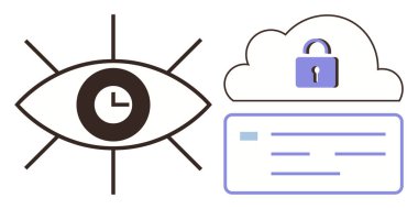 Eye with clock symbol near secured cloud and information panel representing surveillance, data security, privacy, encryption, monitoring, cloud storage, and access control in a simple flat metaphor