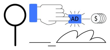 Magnifying glass, hand clicking AD button, dollar currency stack, abstract lines represent advertising. Ideal for online marketing, PPC campaigns, web traffic, revenue generation, e-commerce ad