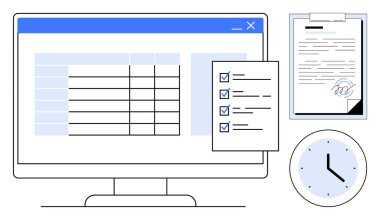 Computer screen featuring a spreadsheet, checklist, signed document, and clock highlighting task organization. Ideal for productivity, planning, efficiency, time management, office work professional