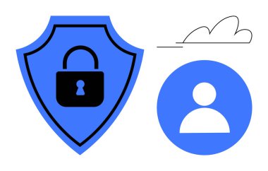 Blue shield with lock for protection, user profile circle, and cloud. Ideal for security, privacy, user management, cloud services, data integrity identity protection and technology themes. Simple