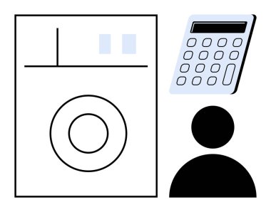Washer icon, silhouette user, calculator for budget planning, household management, decision-making. Ideal for finances, technology, chores cost analysis sustainability future planning. Simple