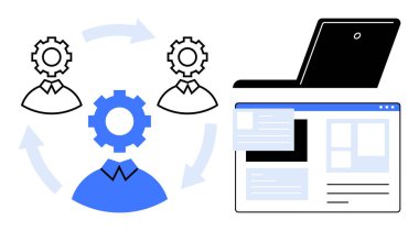 Gearhead icons connected by arrows, laptop, and webpage layout represent teamwork, process automation, and digital integration. Ideal for collaboration, workflow, project management, technology