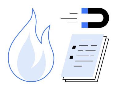 Burning flame, a magnet pulling papers, and document pages together. Ideal for productivity, focus, energy, organization, motivation work efficiency goal achievement. A simple flat metaphor