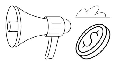 Megaphone positioned near a dollar coin and abstract clouds, symbolizing communication, marketing, and financial growth. Ideal for advertising, branding, PR, revenue sales business strategy. Clean