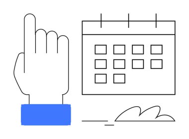 Hand pointing toward a calendar with grid layout and selected date. Ideal for scheduling, planning, organization, reminders, appointments, productivity, and goal setting. Simple flat metaphor