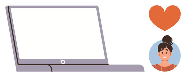 Open laptop beside a large heart and smiling person. Ideal for technology, communication, support, connectivity, online relationships, positivity, empathy. Clean simple flat metaphor