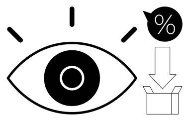 Eye with radiating lines beside percentage bubble and arrow pointing into box. Ideal for vision, analysis, discount, download, e-commerce, marketing, and simple flat metaphor