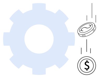 Gear shape beside falling coins emphasizes cost efficiency, financial optimization, monetary systems, mechanical precision, business processes, investment flow, and teamwork. Ideal for economics