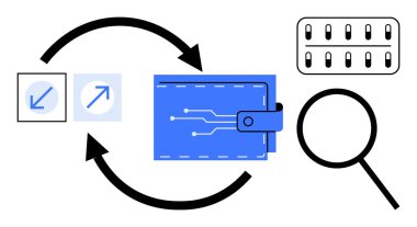 Digital wallet with circuit design, directional arrows symbolizing transactions, magnifying glass for search, numeric pad for security. Ideal for finance, technology, e-commerce, payment, security