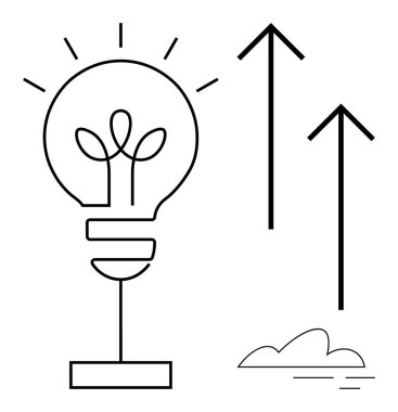 Light bulb with growing plant and upward arrows symbolizes creativity, eco-friendly ideas, progress, and innovation. Ideal for business, sustainability, growth, leadership, success productivity