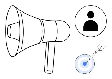 Megaphone beside user profile and target icons symbolizing messaging, audience focus, marketing, and strategic goals. Ideal for communication, leadership, branding, advertising, strategy user