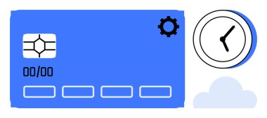 Blue payment card with chip icon and expiration date, settings gear, clock symbolizing time, and cloud. Ideal for online banking, technology, time management, financial services, security