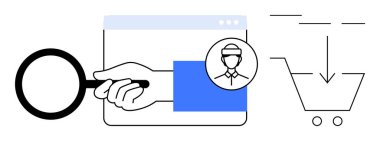 Magnifying glass, profile avatar inside a browser window, shopping cart with arrows. Ideal for retail, e-commerce, marketing, analytics, customer behavior personalization online business. Simple