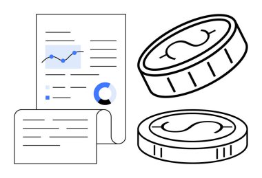 Financial document with graph, chart, and two coins highlighting economic growth, market insights, and revenue analysis. Ideal for finance, planning, economy, income accounting data simple flat