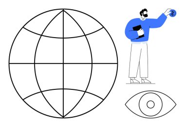 Man holding a tablet reaching toward connectivity symbol near globe and eye graphics. Ideal for technology, digital connection, innovation, global business, research, vision, futurism. Simple flat
