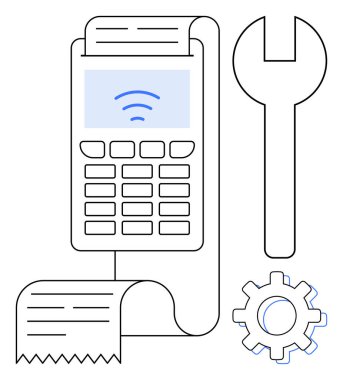Digital payment terminal producing receipt alongside wrench and gear. Ideal for fintech, retail, maintenance, e-commerce, POS systems, customer support, and troubleshooting. Simple flat metaphor