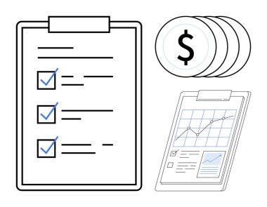 Clipboard with a checklist, growth chart, and stacked coins illustrating organization, finance, and progress tracking. Ideal for planning, budgeting, reporting, business strategy investment