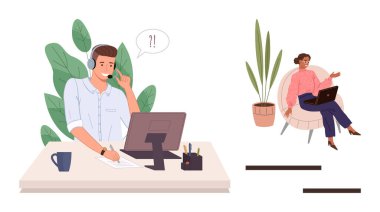 Male professional at desk with headset calling, female colleague with laptop responding in cozy chair. Ideal for communication, teamwork, remote work, office, collaboration, productivity, simple flat