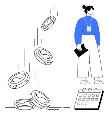Businessperson holding a clipboard, watching coins falling towards a calendar. Ideal for financial planning, investment strategies, time management, economic growth, income generation, budgeting