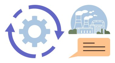Gear surrounded by circular arrows, industrial plant buildings with chimneys, and a speech bubble. Ideal for automation, industry, communication, process management, system efficiency
