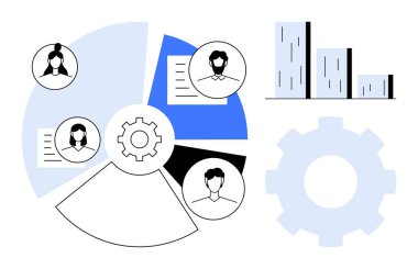 Pie chart with team member avatars, gear icons for process management, bar graph showing performance data. Ideal for teamwork, analytics, strategy, collaboration, productivity, reporting simple flat