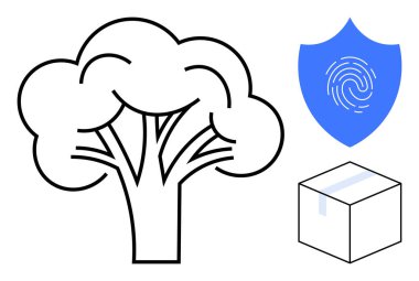 Tree representing nature, shield with fingerprint symbolizing secure identity, box indicating delivery. Ideal for ecology, security, sustainability, logistics, biometrics, packaging protection